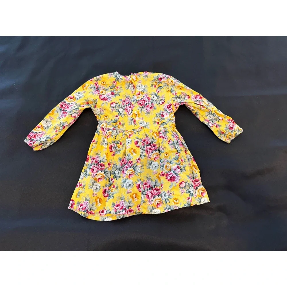 Yellow Floral Long Sleeve Rose Print Dress Kids Button Back Gathered Waist